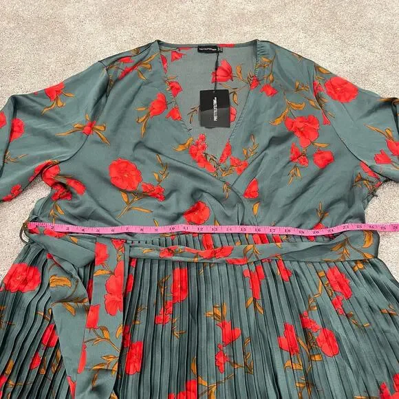 NWT Pretty Little Thing Plus Size Green Floral Longsleeve Pleated Midi Dress 30 - Picture 10 of 11